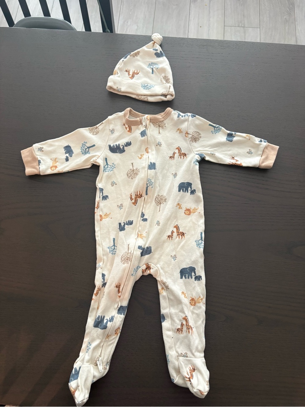 Neutral Safari Animal Zip One-Piece Footie with Hat - Cream/Blue/Tan